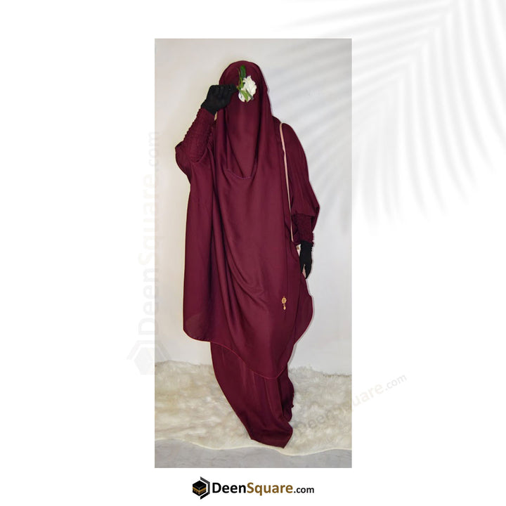 3 Piece Jilbab (Elasticated Sleeves) - Khimar with Skirt and Niqab (Multiple Color Options)