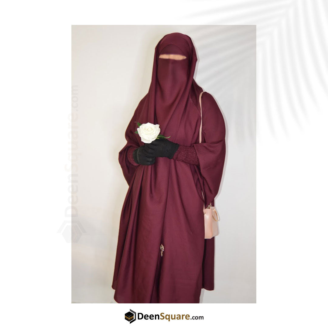 3 Piece Jilbab (Elasticated Sleeves) - Khimar with Skirt and Niqab (Multiple Color Options)