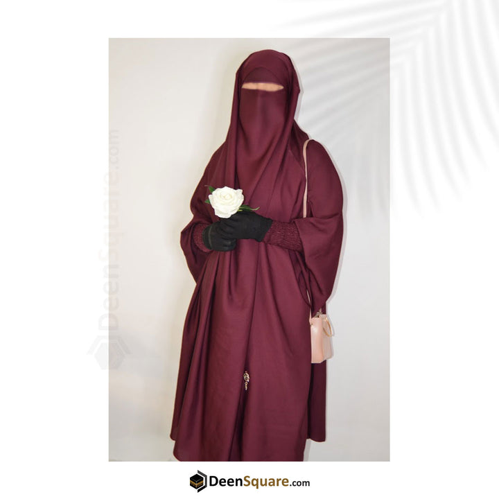 3 Piece Jilbab (Elasticated Sleeves) - Khimar with Skirt and Niqab (Multiple Color Options)