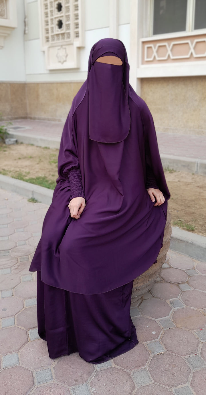 3 Piece Jilbab (Elasticated Sleeves) - Khimar with Skirt and Niqab (Multiple Color Options)