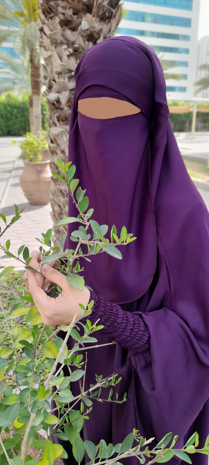 3 Piece Jilbab (Elasticated Sleeves) - Khimar with Skirt and Niqab (Multiple Color Options)