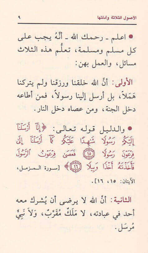 الأصول الثلاثة وأدلتها، ويليها: شروط الصلاة وواجباتها وأركانها، والقواعد الأربع