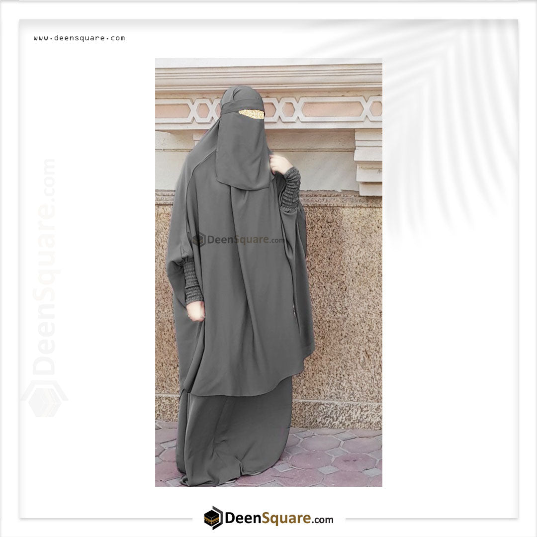 3 Piece Jilbab (Elasticated Sleeves) - Khimar with Skirt and Niqab (Multiple Color Options)