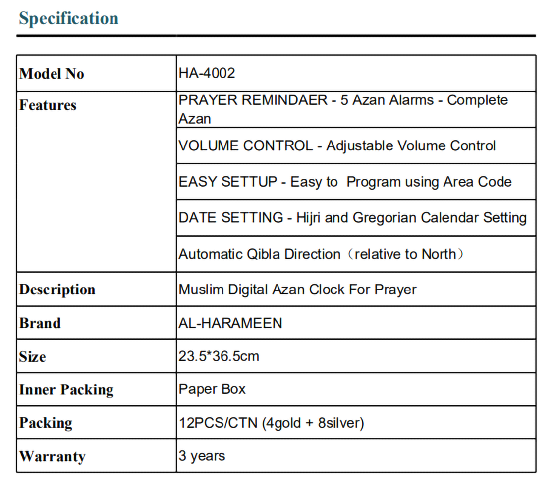 Al Harameen Digital Azan Clock HA-4002