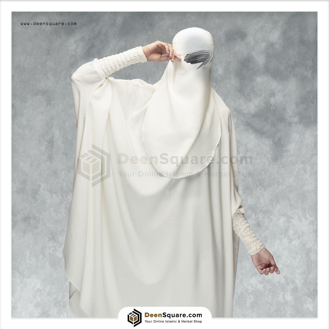 3 Piece Jilbab (Elasticated Sleeves) - Khimar with Skirt and Niqab - Off White