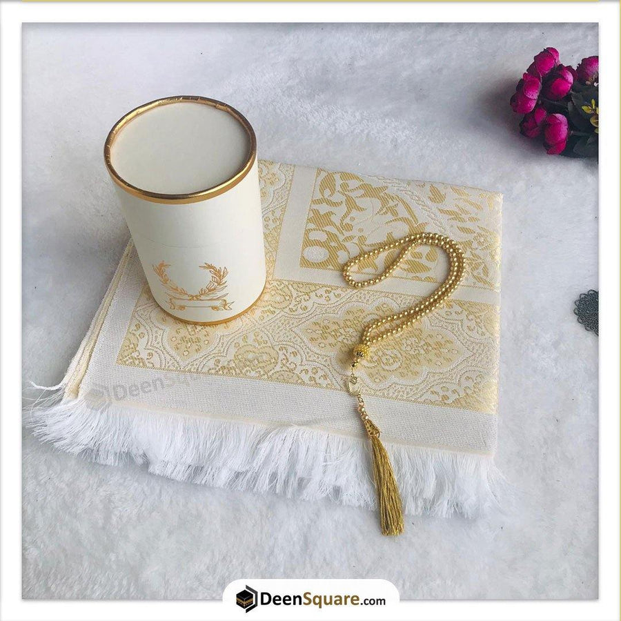 Gift Box with Prayer Rug and Pearl Tasbih - Gold - DeenSquare.com