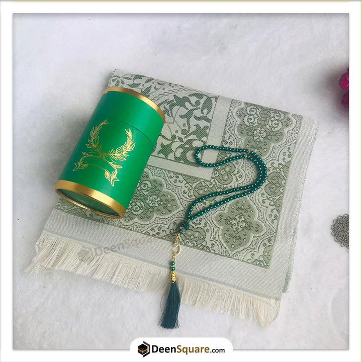 Cylindrical Gift Box with Prayer Rug and Pearl Tasbih (Various Colours)