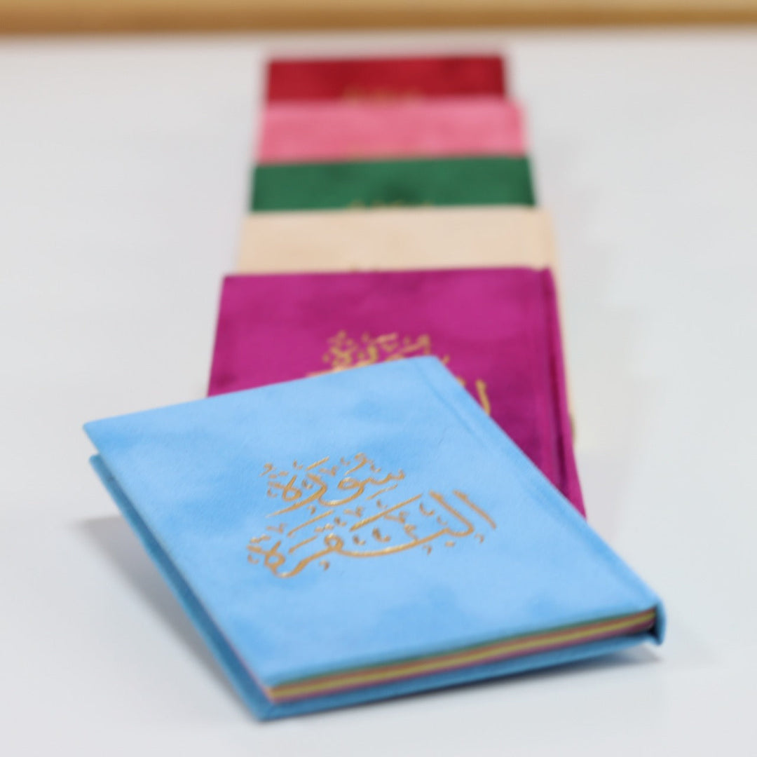 سورة البقرة غلاف مخمل طباعة ذهبي (Surah Baqarah In Velvet Cover with Colored Pages) - 8 x 12 cm