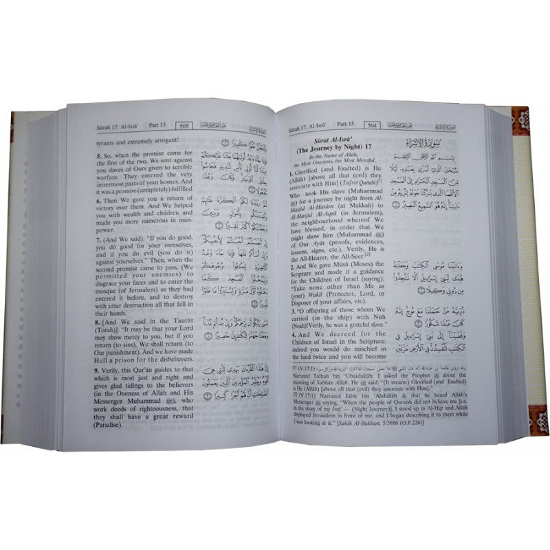 Open pages of Noble Quran Arabic text with English translation by Dr. Muhammad Muhsin Khan & Taqi-ud-Din Al-Hilali