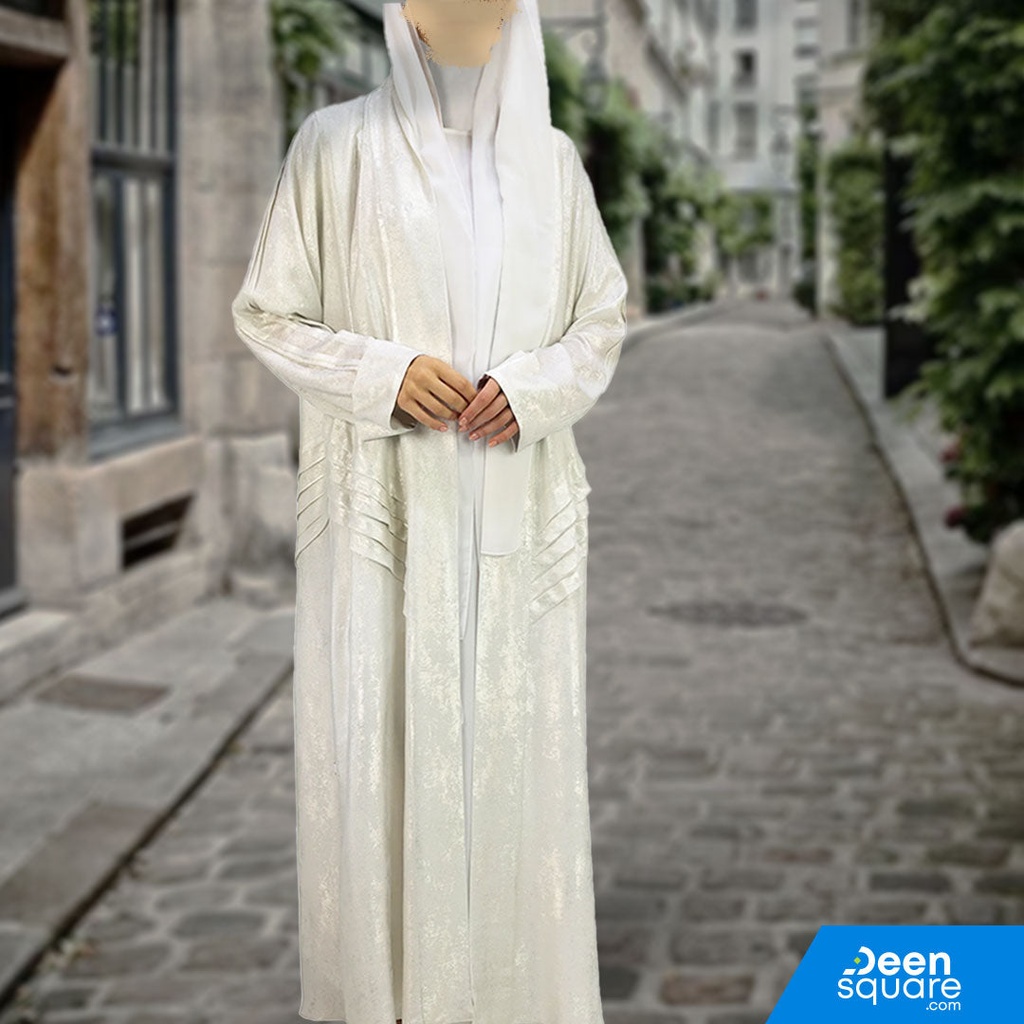 Elegant Kimono Self Open Textured With Inner Dress Abaya - White
