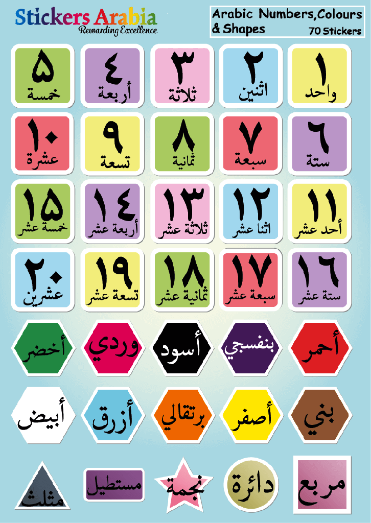 Arabic Number, Colours and Shapes Stickers Pack